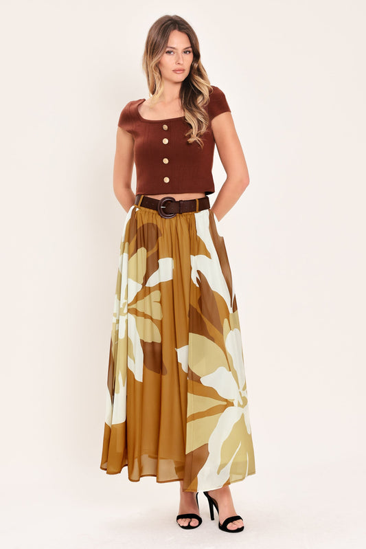 Toffee Tropics Woven Midi Skirt in camel, view 2 — Soul Flow Apparel