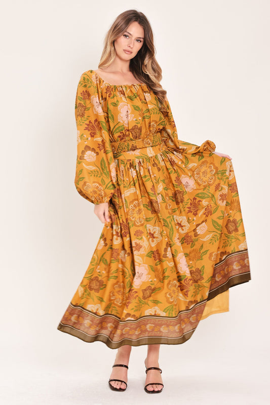Sunset Garden Woven Full Midi Skirt in mustard, view 2 — Soul Flow Apparel