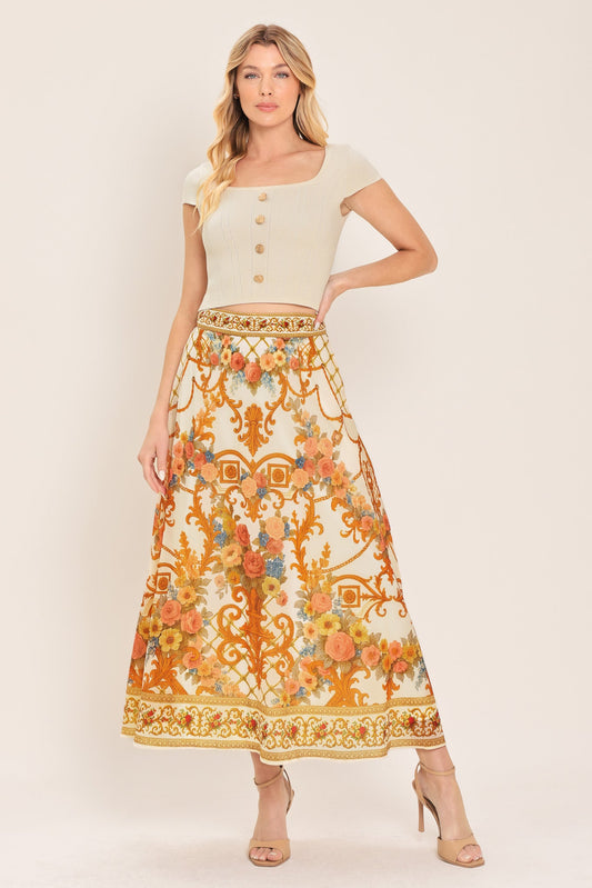 Antique Bloom Woven Midi Circle Skirt in ivory, view 6 — Soul Flow Apparel