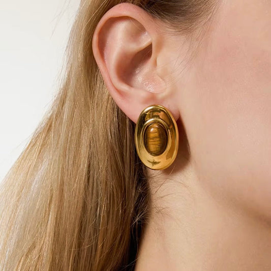 Sedona Tiger Eye Oval Studs, view 7363 — Soul Flow Apparel