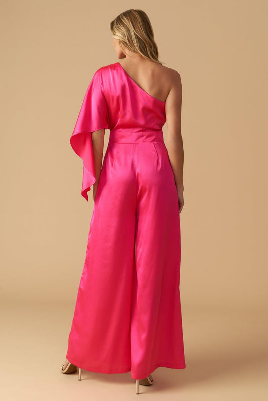 Down Memory Lane Woven Satin Jumpsuit in fuchsia, view 6 — Soul Flow Apparel
