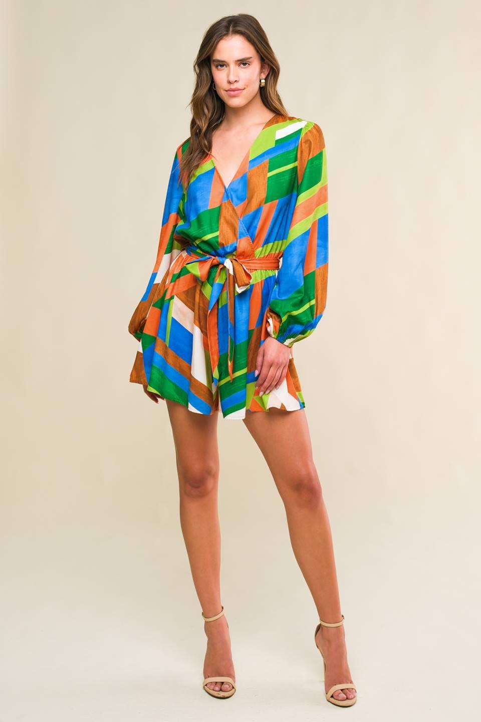 This Is Your Sign Woven Romper in orange green, view 6 — Soul Flow Apparel