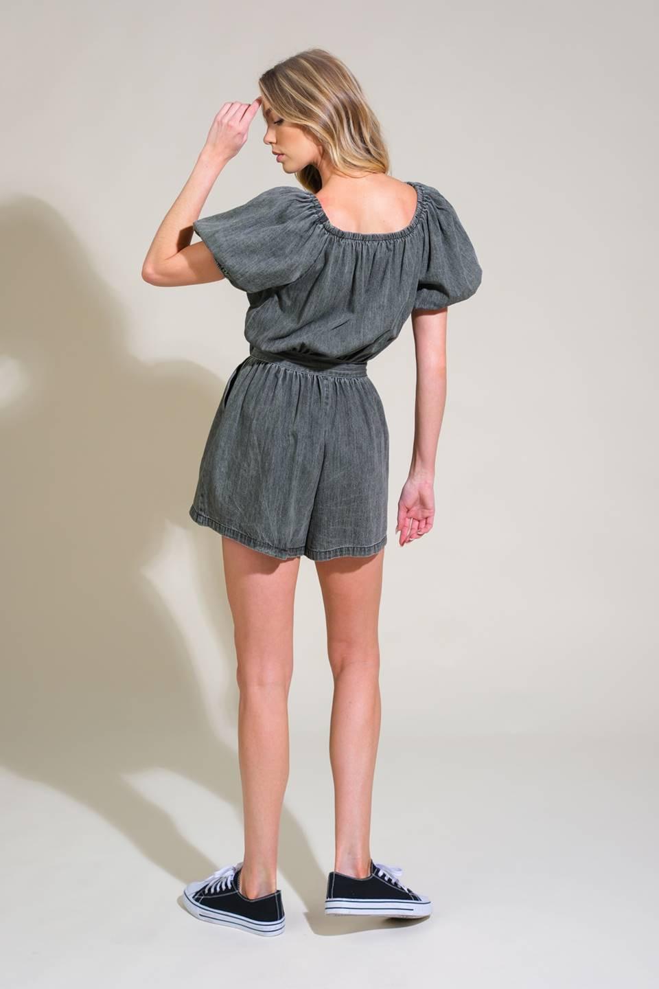 Tiny Temptations Denim Romper in washed black, view 6 — Soul Flow Apparel