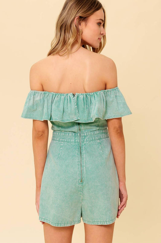 Yours to Keep Navy Woven Romper in green acid, view 6 — Soul Flow Apparel