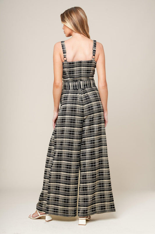 Sand Dune Woven Plaid Jumpsuit in black, view 6 — Soul Flow Apparel