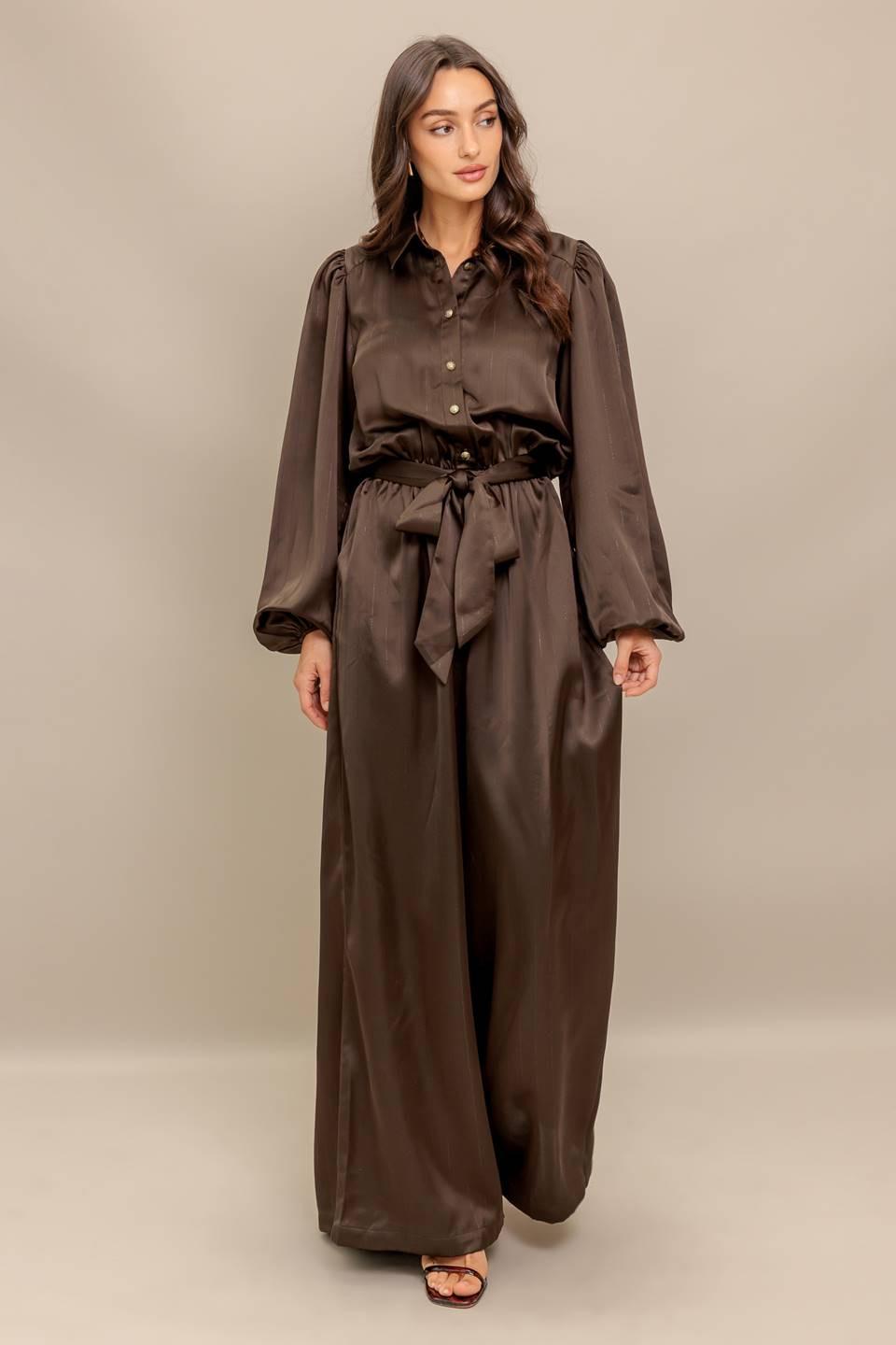 Sugar Brownie Woven Jumpsuit in brown, view 7 — Soul Flow Apparel