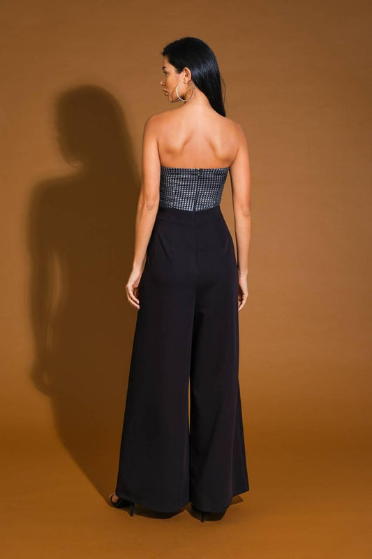 Glimpse of Grace Woven Jumpsuit in black silver, view 2 — Soul Flow Apparel