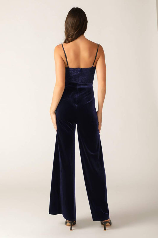 Gleaming Glam Woven Lace Velvet Jumpsuit in navy, view 5 — Soul Flow Apparel