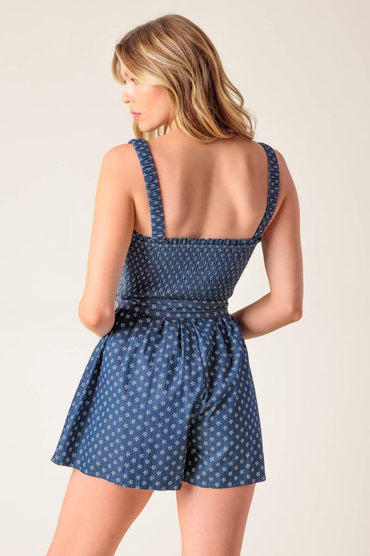 Full Focus Denim Woven Romper, view 3 — Soul Flow Apparel