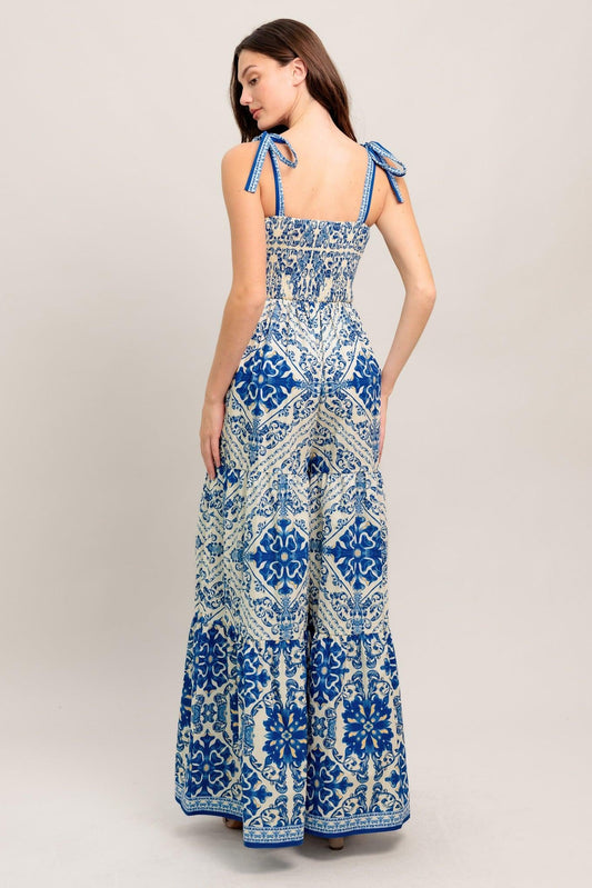 When Vacation Calls Woven Jumpsuit in blue white, view 6 — Soul Flow Apparel