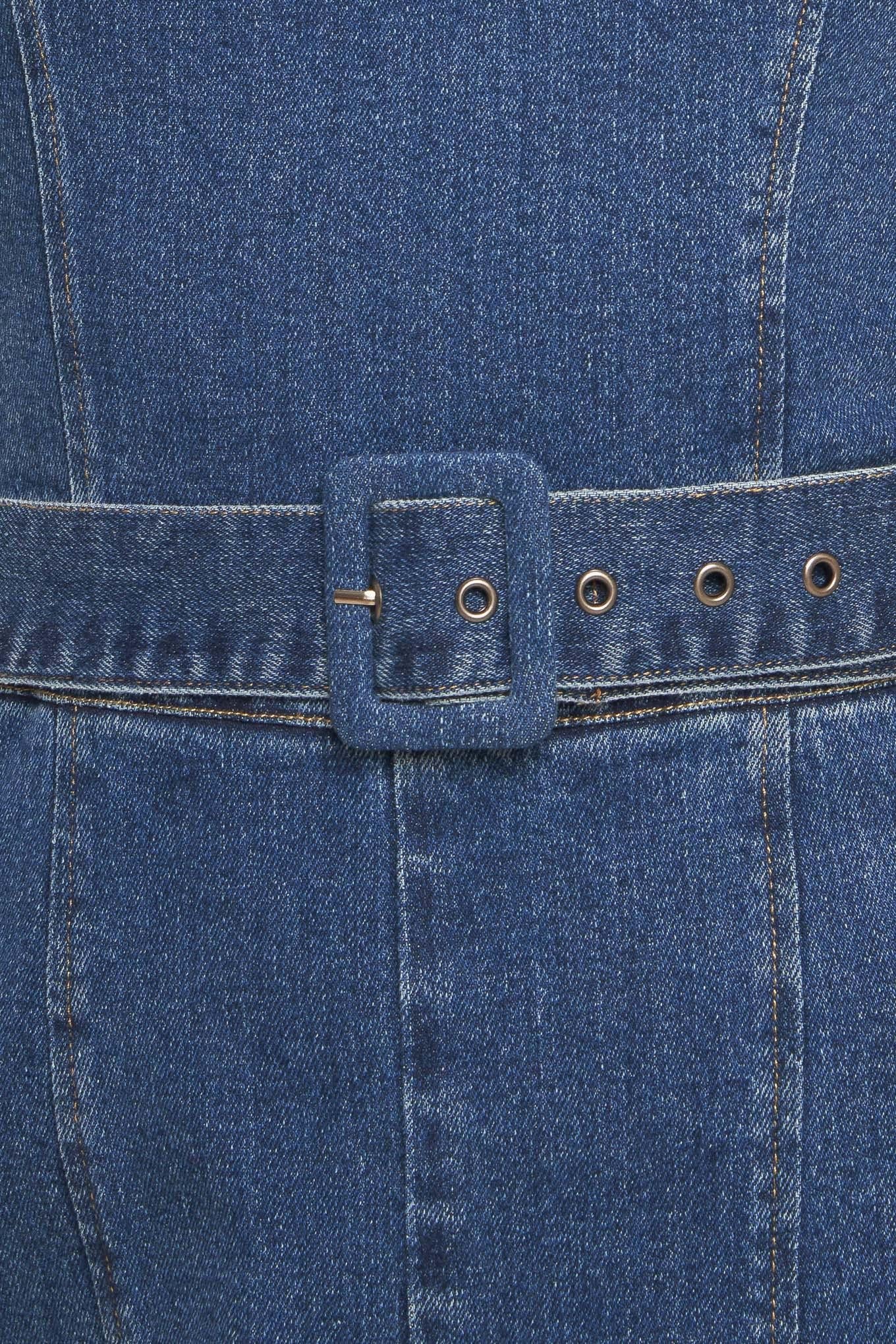 Expert Sweetness Medium Indigo Denim Jumpsuit, fabric swatch — Soul Flow Apparel