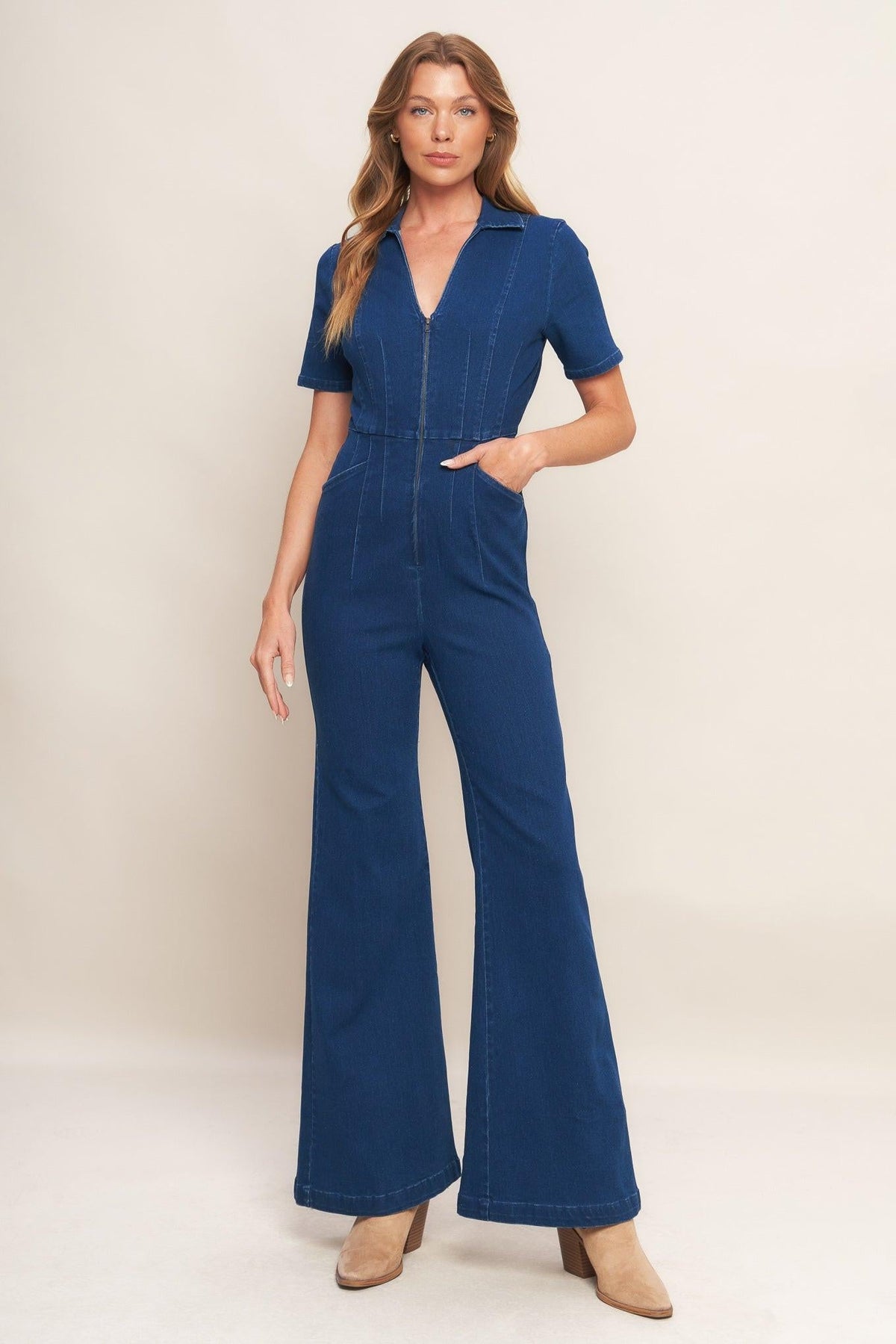 Shy Girl Medium Indigo Denim Jumpsuit, view 1 — Soul Flow Apparel