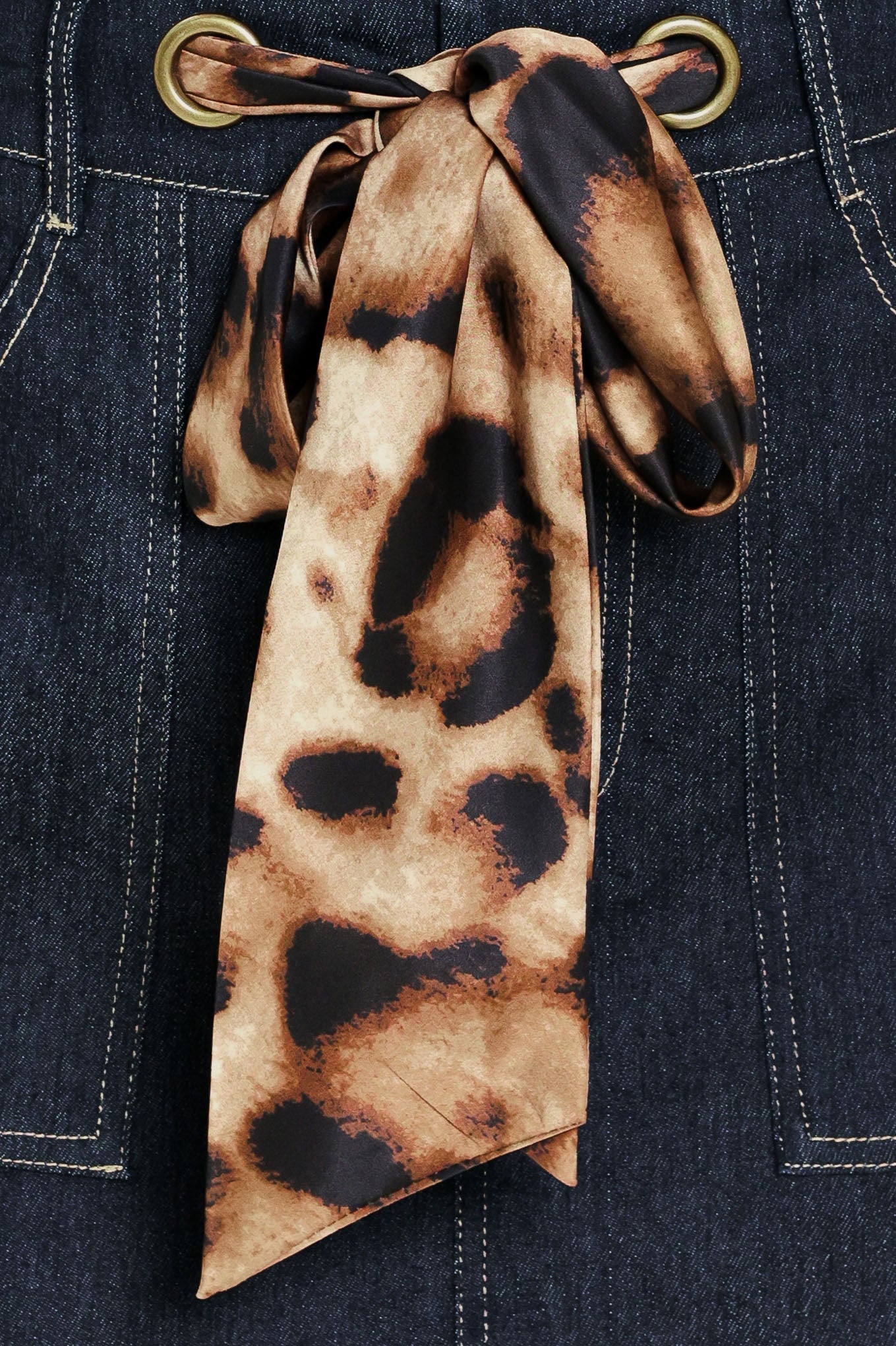 Leopard Tie Denim Skort in dark indigo, fabric swatch — Soul Flow Apparel
