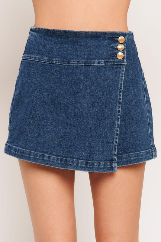 Texture Play Denim Skort in medium indigo, view 1 — Soul Flow Apparel