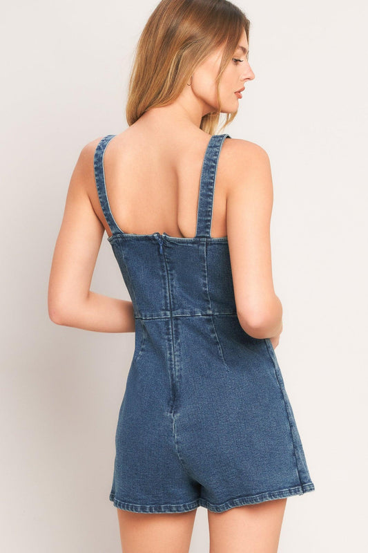 First Date Denim Skort Romper in medium indigo, view 2 — Soul Flow Apparel