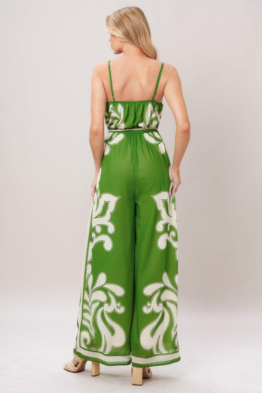 Palazzo Muse Woven Jumpsuit in green ivory, view 5 — Soul Flow Apparel