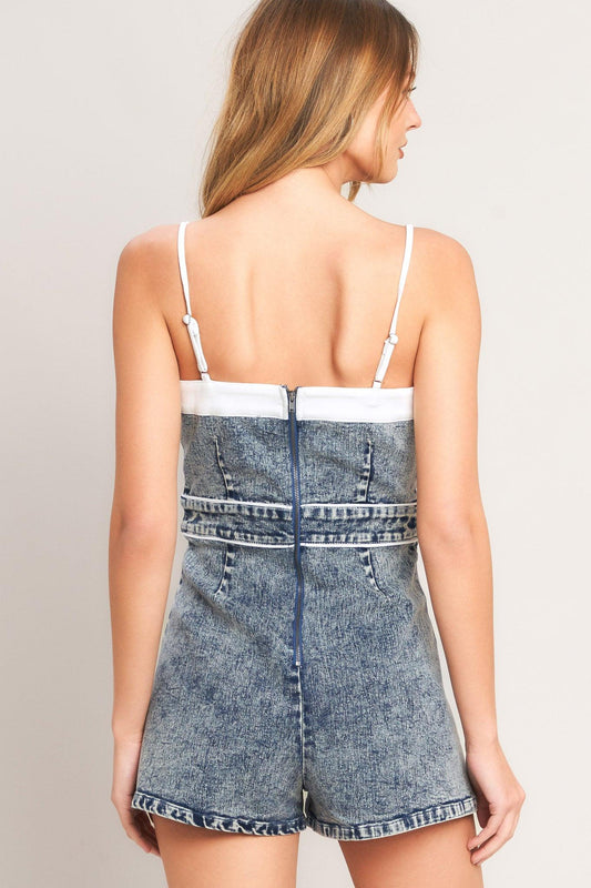 Weekend In Denim Romper in acid denim, view 3 — Soul Flow Apparel