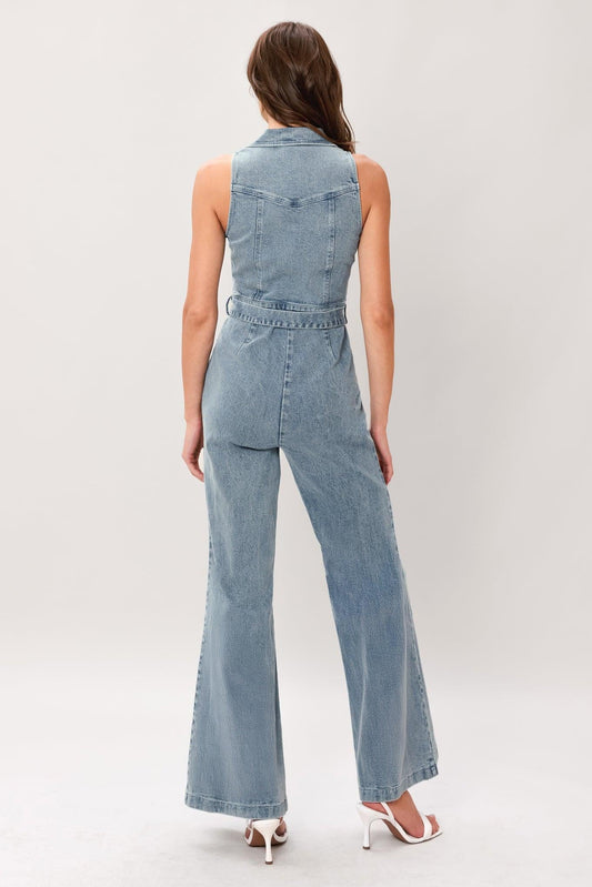Flare Icon Denim Jumpsuit in medium indigo, view 5 — Soul Flow Apparel