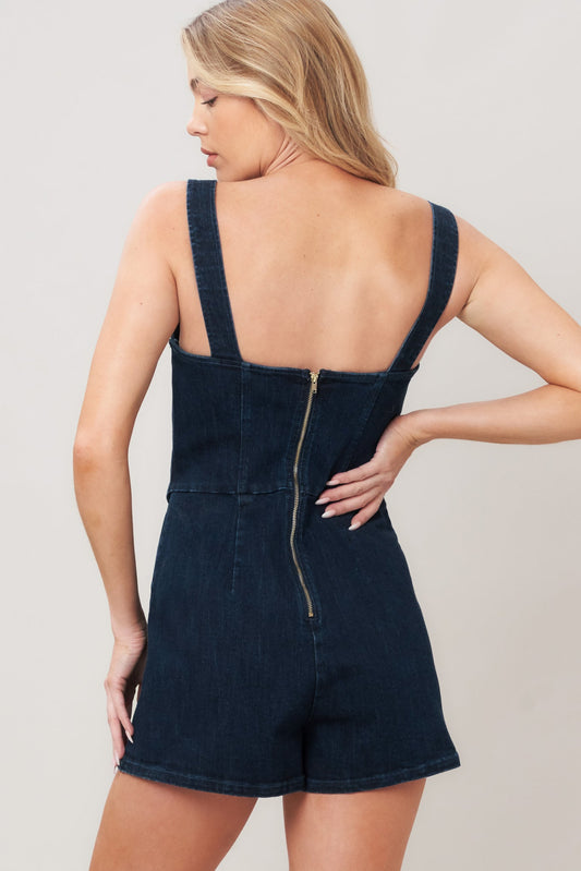 Urban Edge Denim Romper in dark indigo, view 4 — Soul Flow Apparel