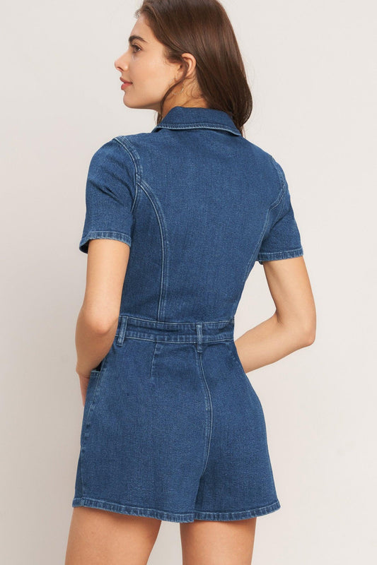 Casual Structure Denim Romper in medium indigo, view 4 — Soul Flow Apparel