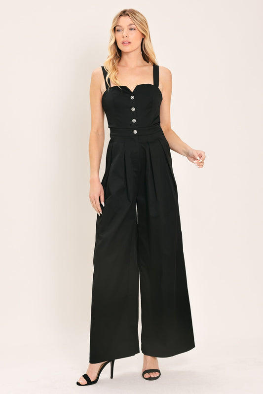 Black Tie Romance Woven Jumpsuit, view 1 — Soul Flow Apparel