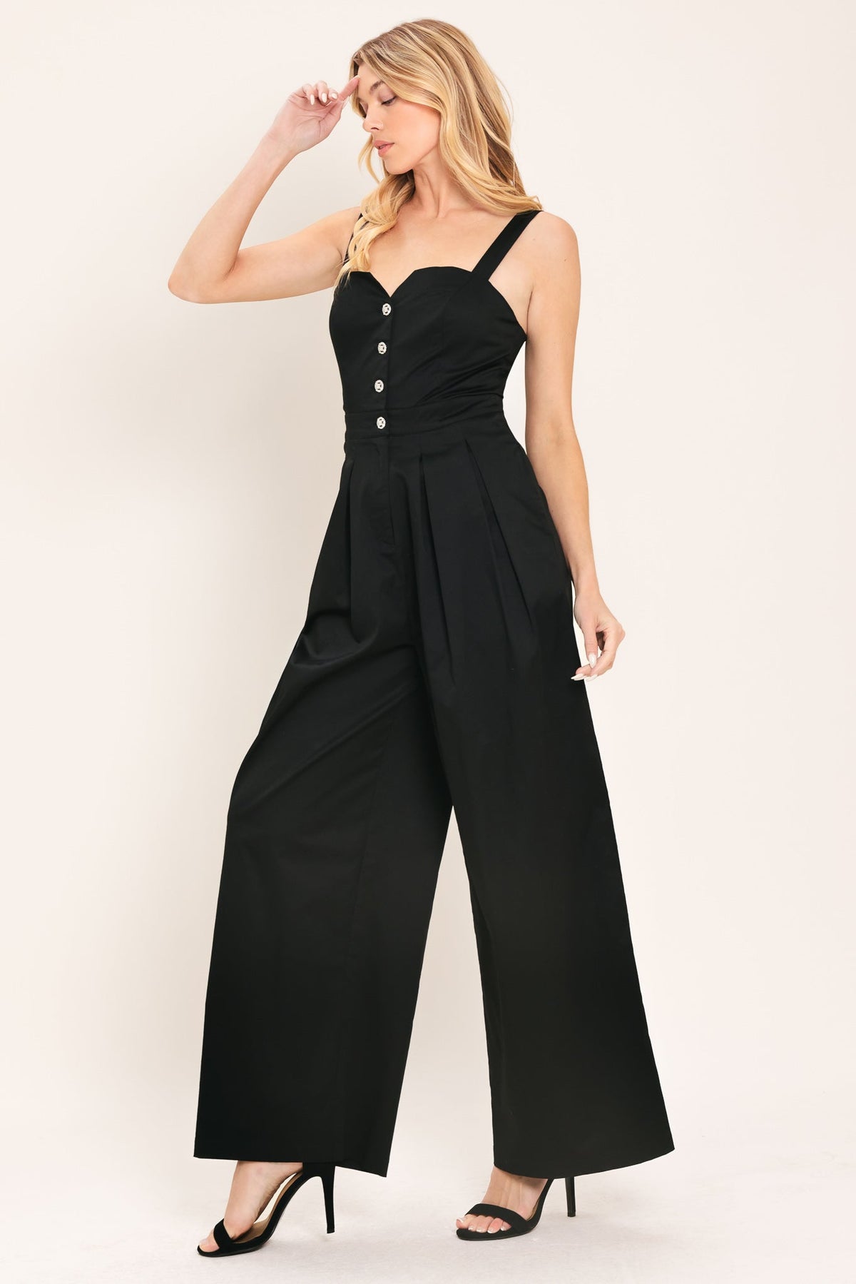 Black Tie Romance Woven Jumpsuit, view 6 — Soul Flow Apparel