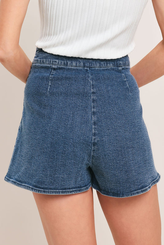Sweet Stud Denim Skort in medium indigo, view 6 — Soul Flow Apparel