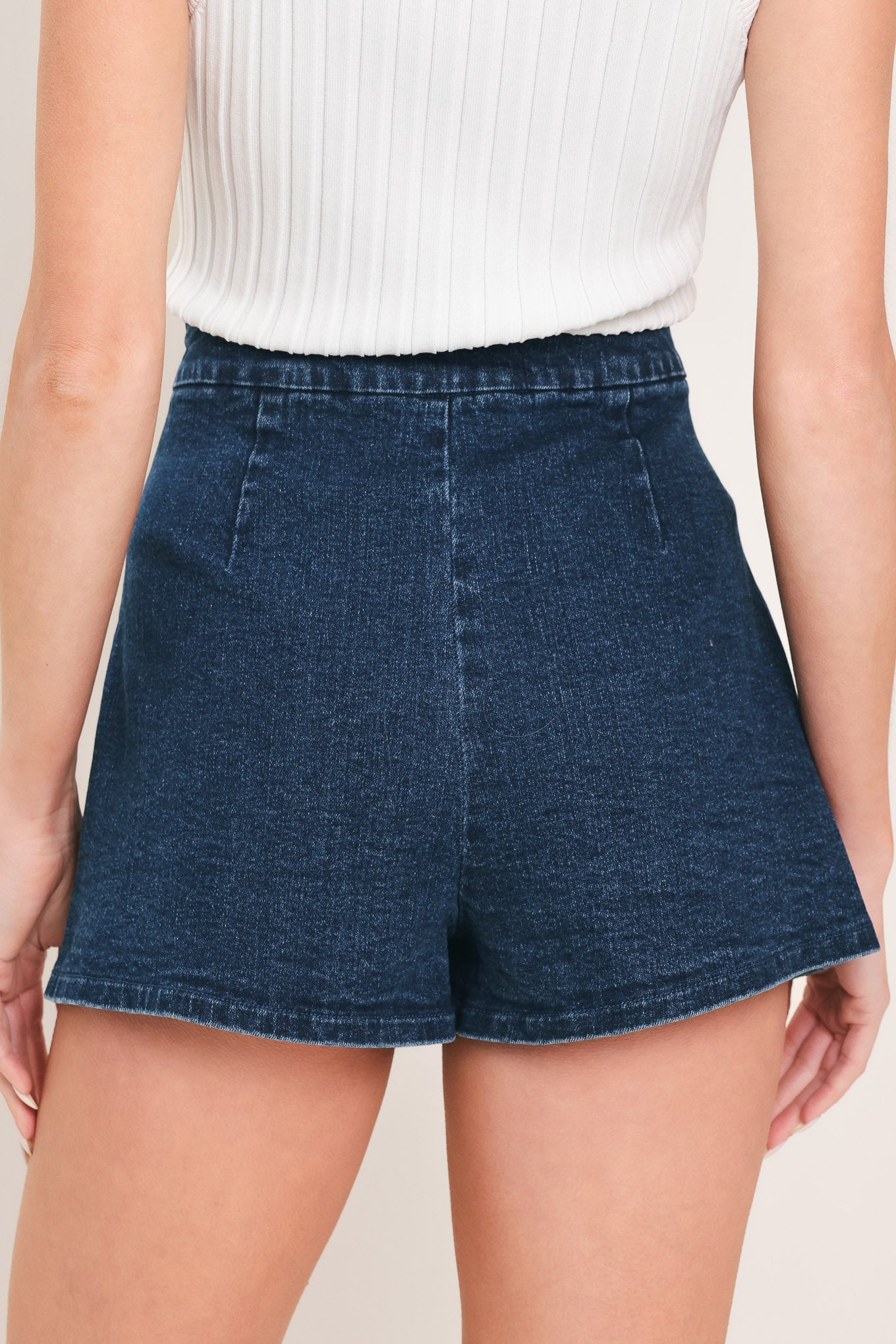 Edge Line Denim Skort in medium indigo, view 5 — Soul Flow Apparel