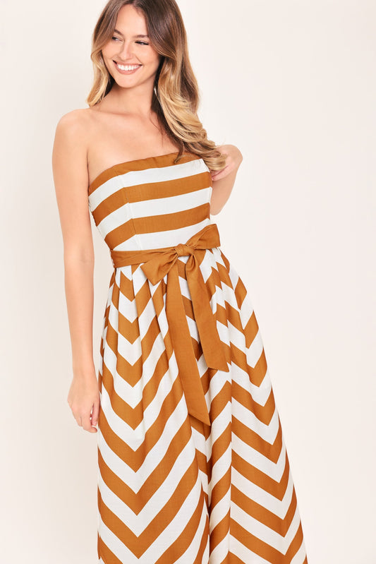 Cinnamon Coast Woven Jumpsuit in camel stripe, view 4 — Soul Flow Apparel