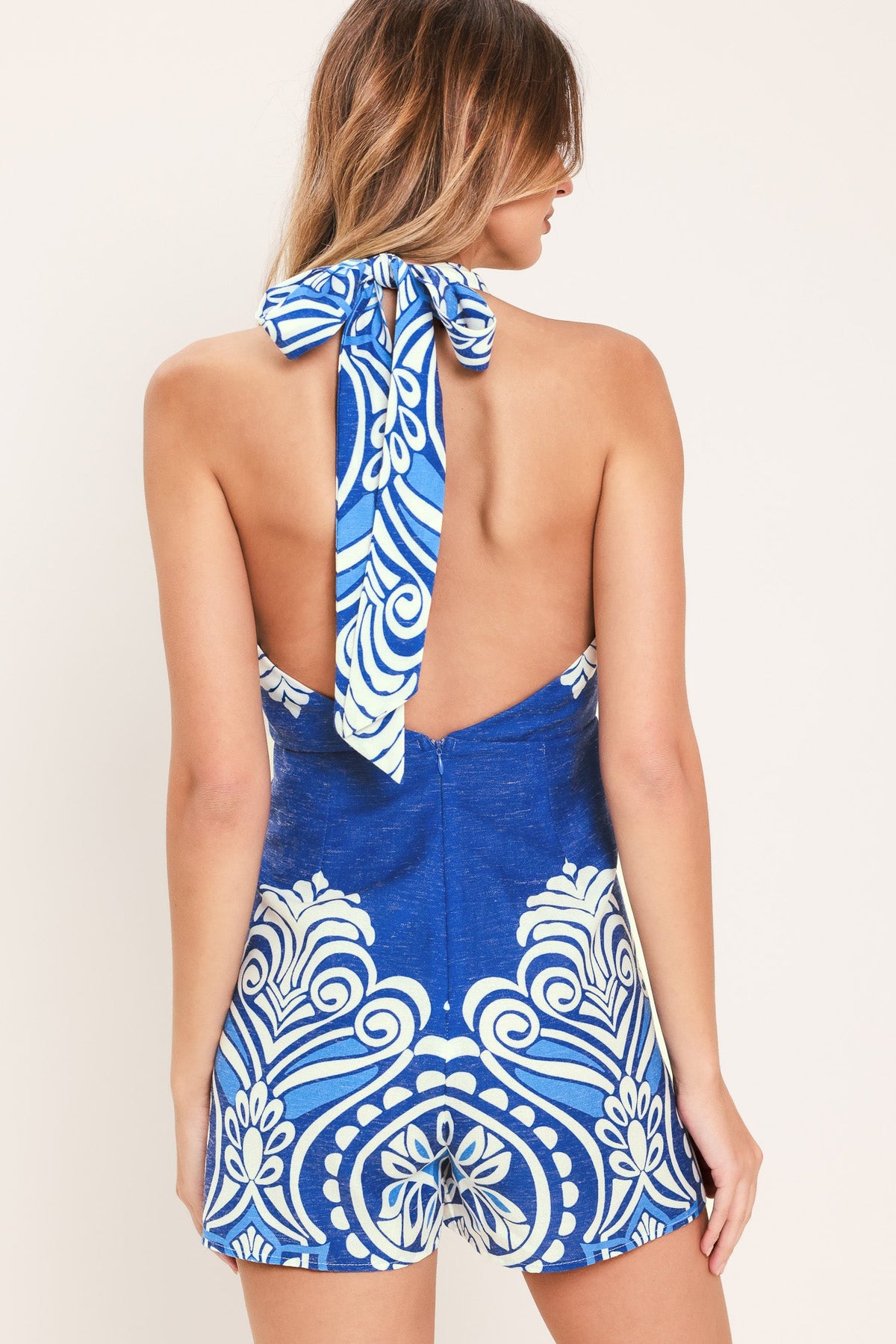 Aegean Escape Woven Skort Romper in blue, view 6 — Soul Flow Apparel