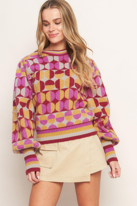 Cheer You on Jacquard Sweater Top in ivory burgundy, view 2 — Soul Flow Apparel