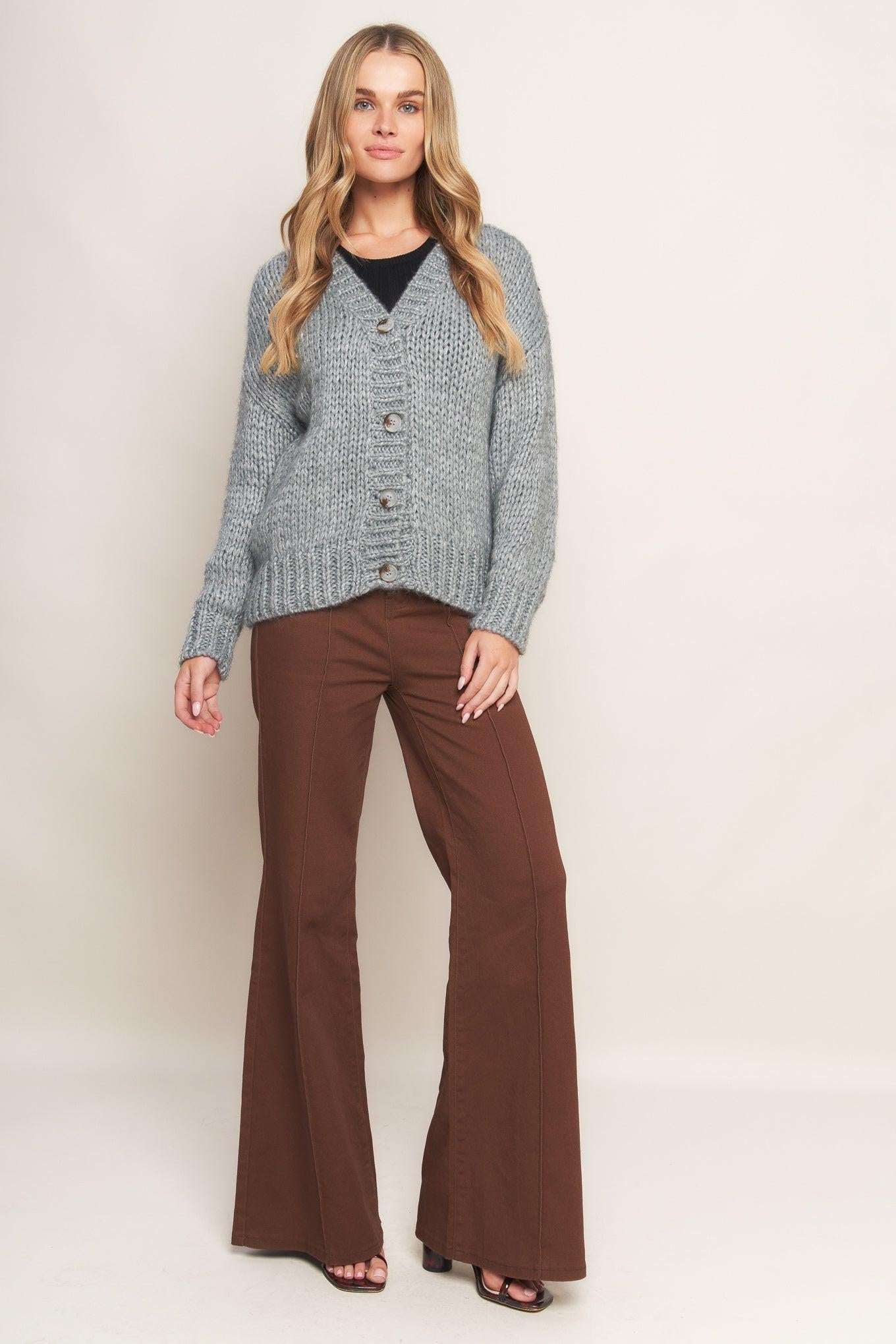 Weekend Warmth Sweater Knit Cardigan in grey silver, view 1 — Soul Flow Apparel