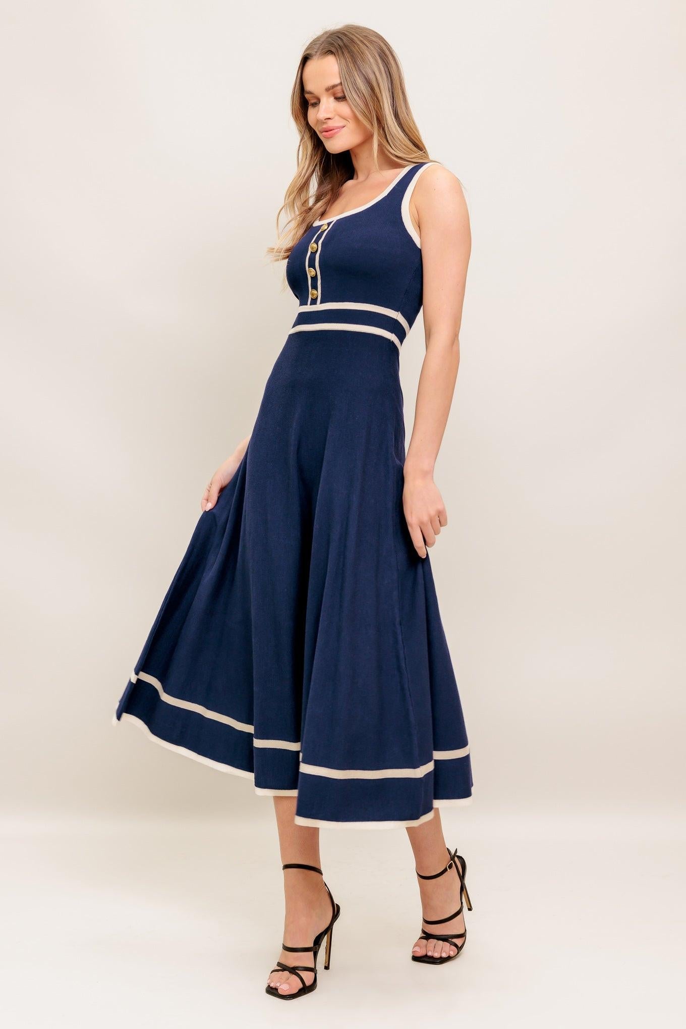 Dreamy Daisy Knit Midi Dress in navy ivory, view 4 — Soul Flow Apparel