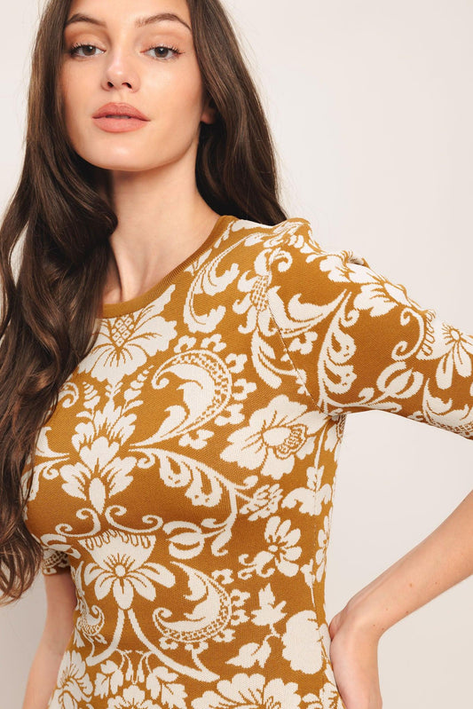 Amber Bloom Sweater Knit Mini Dress in ivory taupe, view 4 — Soul Flow Apparel