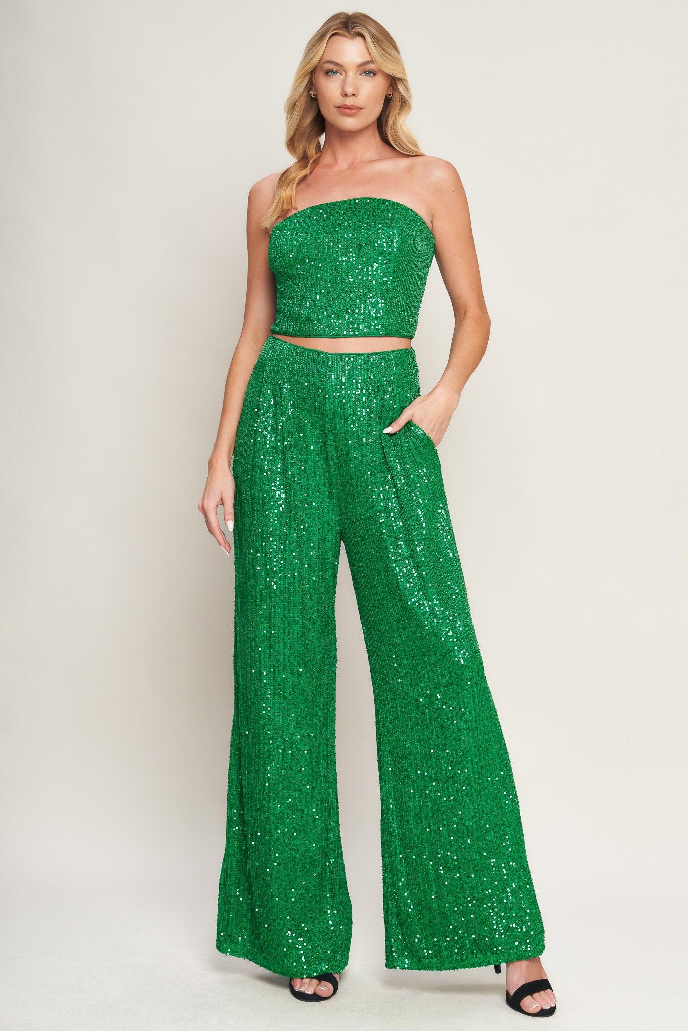 Charming Composure Sequin Top and Bottom Set in green, view 1 — Soul Flow Apparel