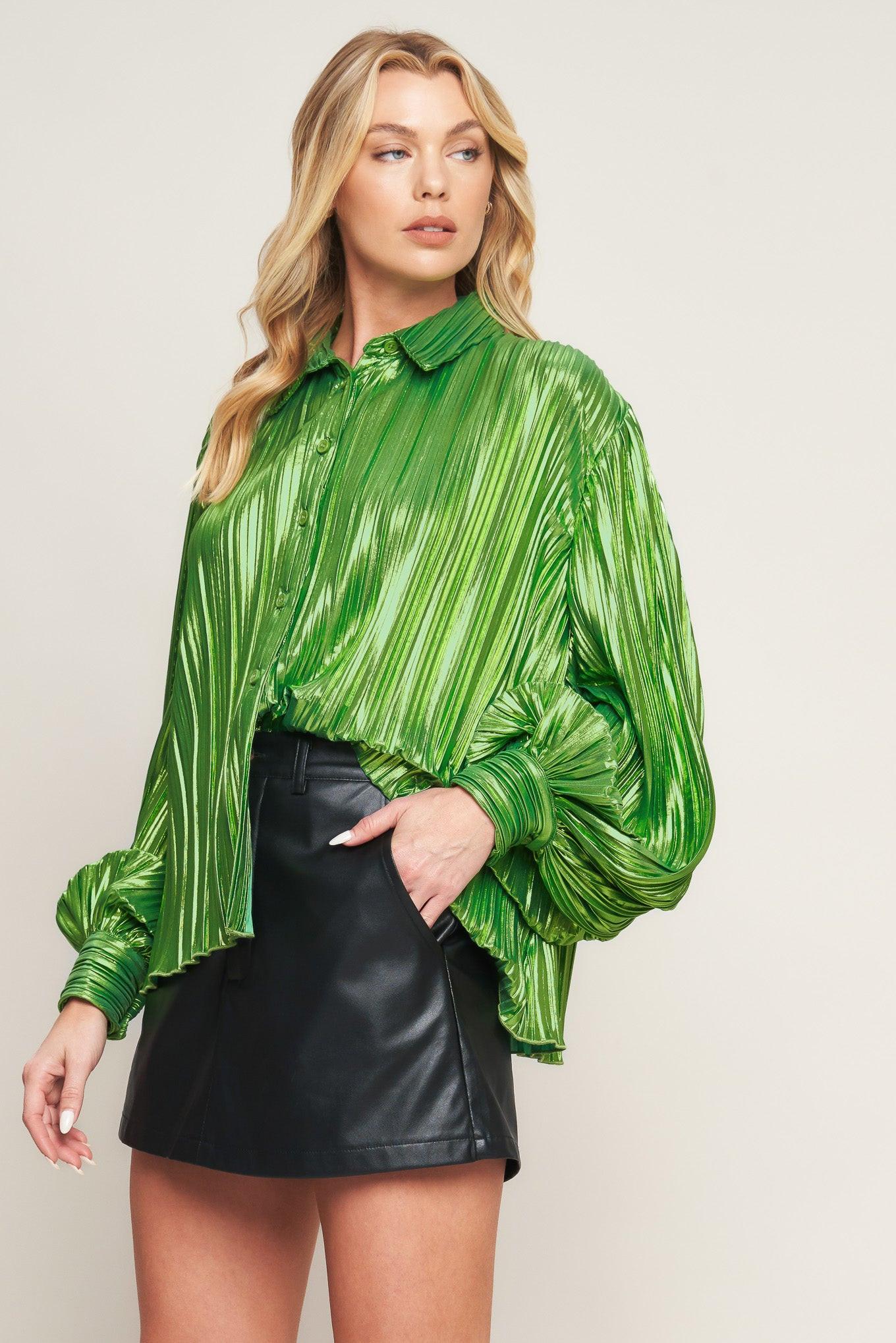Runway Trend Foiled Top in yellow green, view 2 — Soul Flow Apparel
