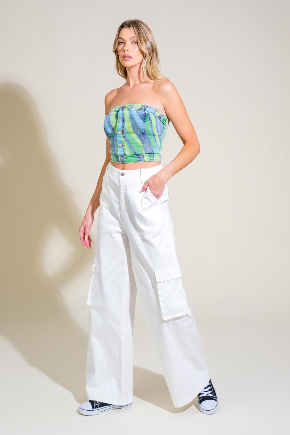 Navigating Life Denim Top in green blue, view 3 — Soul Flow Apparel