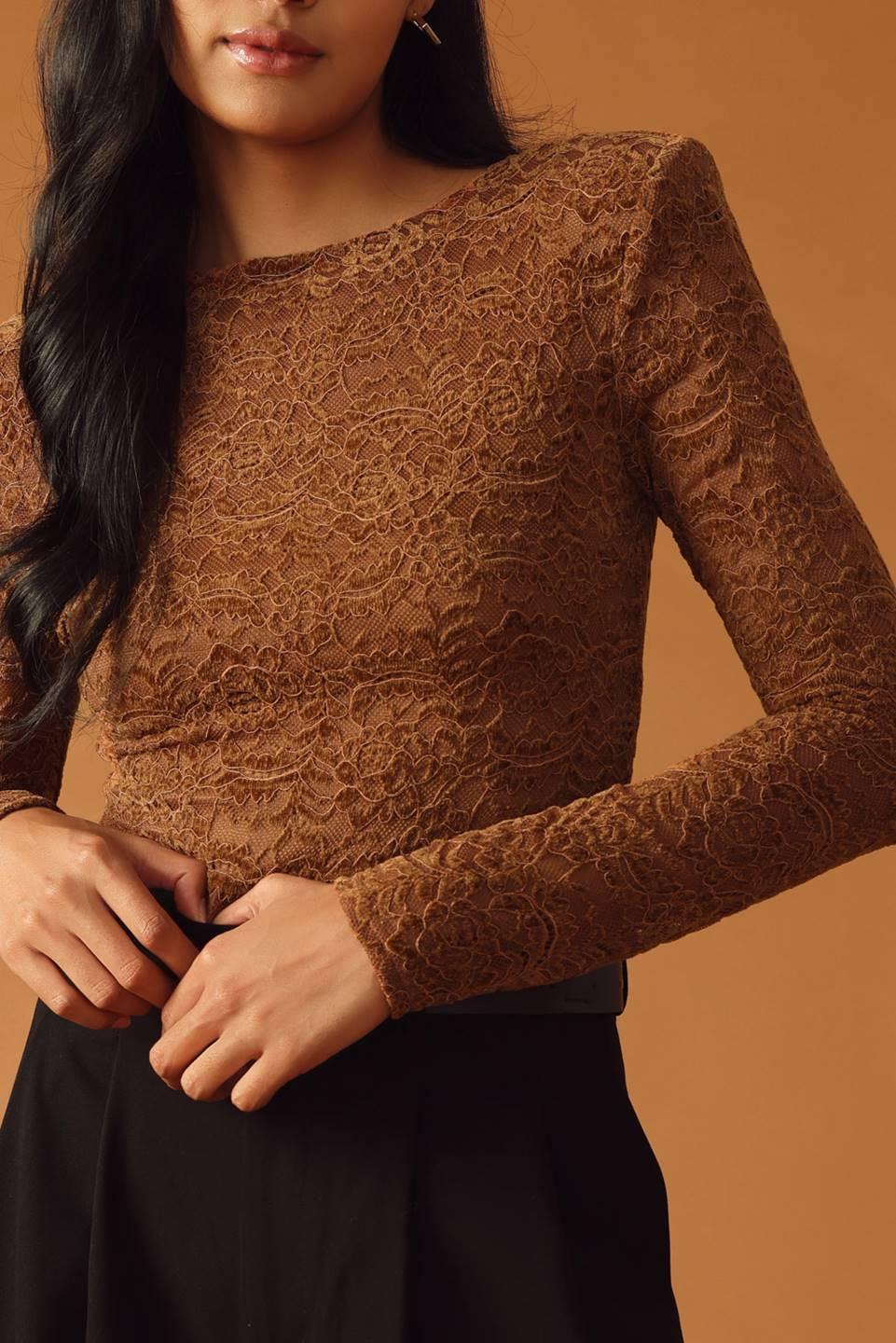 Never Enough Woven Lace Bodysuit in brown, view 2 — Soul Flow Apparel