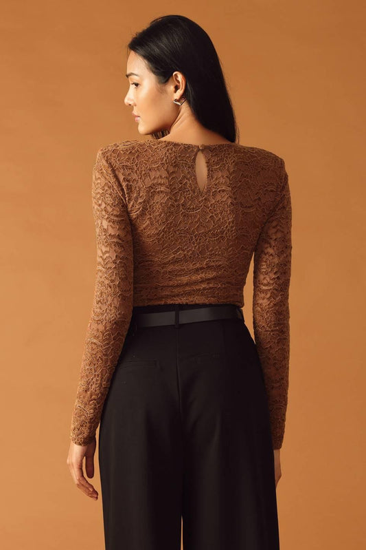 Never Enough Woven Lace Bodysuit in brown, view 7 — Soul Flow Apparel