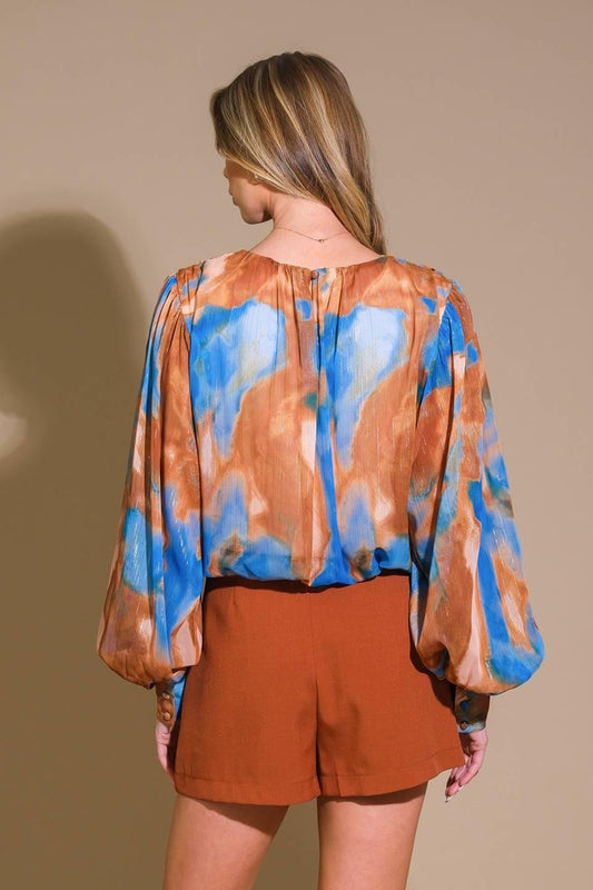 All My Pride Woven Top in brown blue, view 2 — Soul Flow Apparel