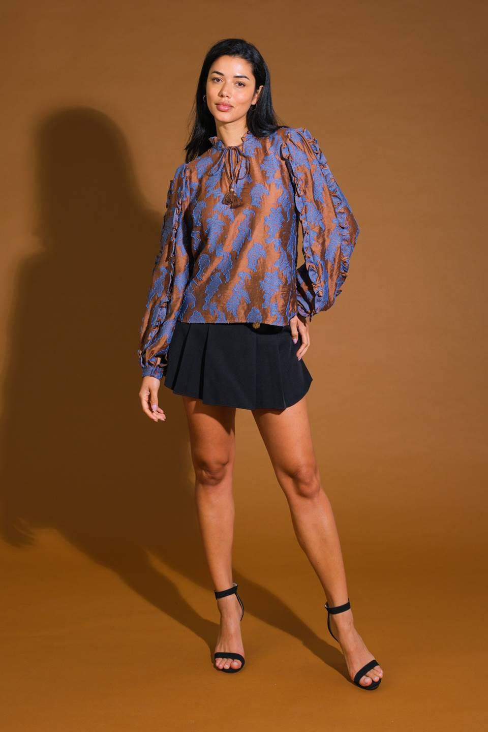 True to Me Jacquard Woven Top in brown teal, view 7 — Soul Flow Apparel