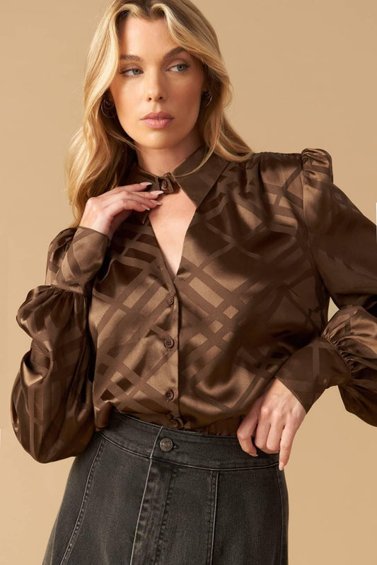 The Art of Balance Woven Satin Top in brown, view 7 — Soul Flow Apparel