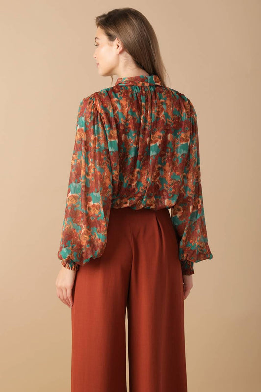 Nostalgic Teal Brown Woven Top, view 3 — Soul Flow Apparel