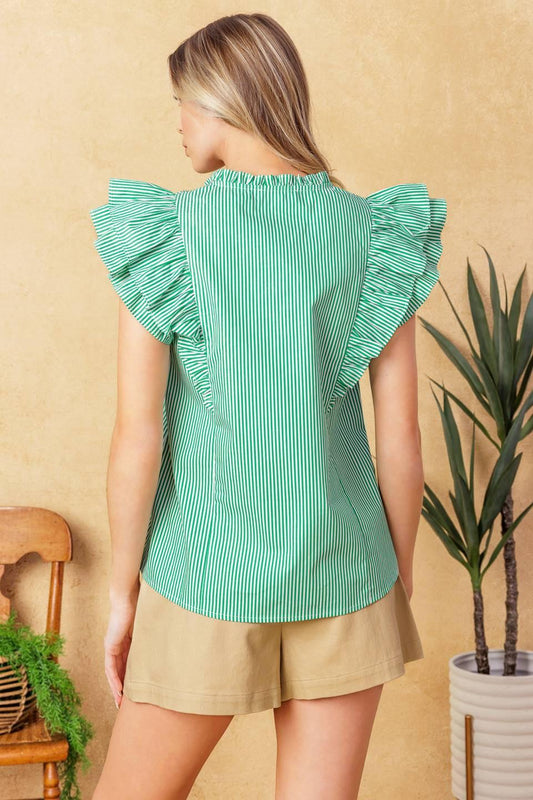 Riviera Retreat Woven Top in green white, view 3 — Soul Flow Apparel