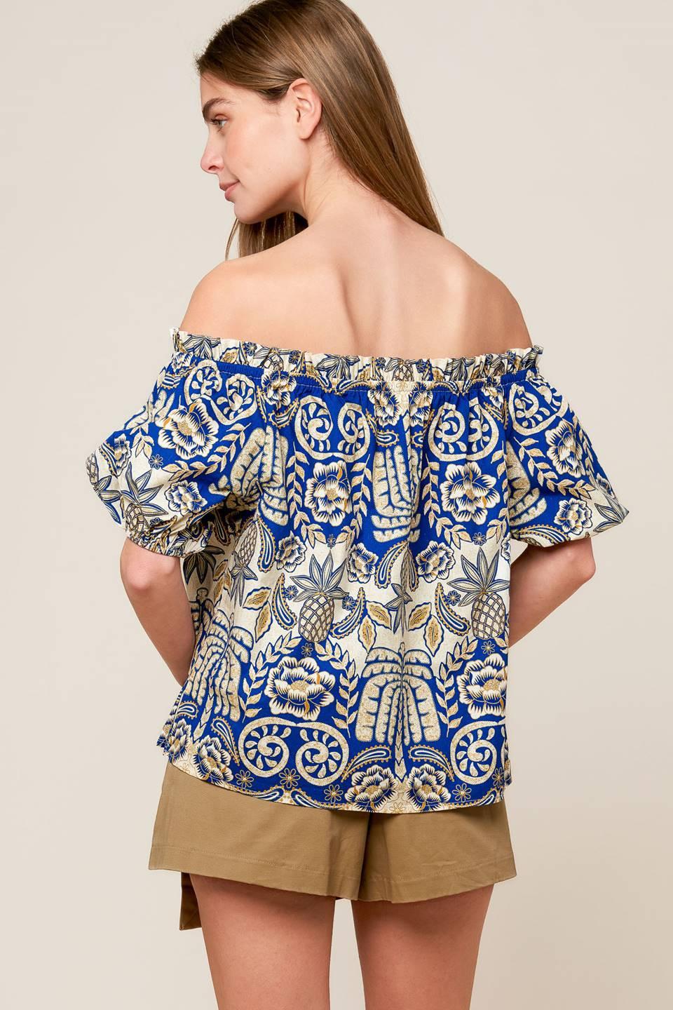 A Day At the Market Woven Top in blue ivory, view 5 — Soul Flow Apparel