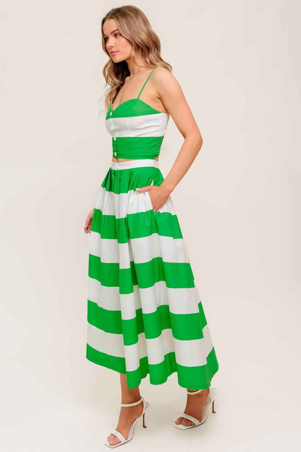 Infinite Flare Green Woven Top and Skirt Set in white, view 1 — Soul Flow Apparel
