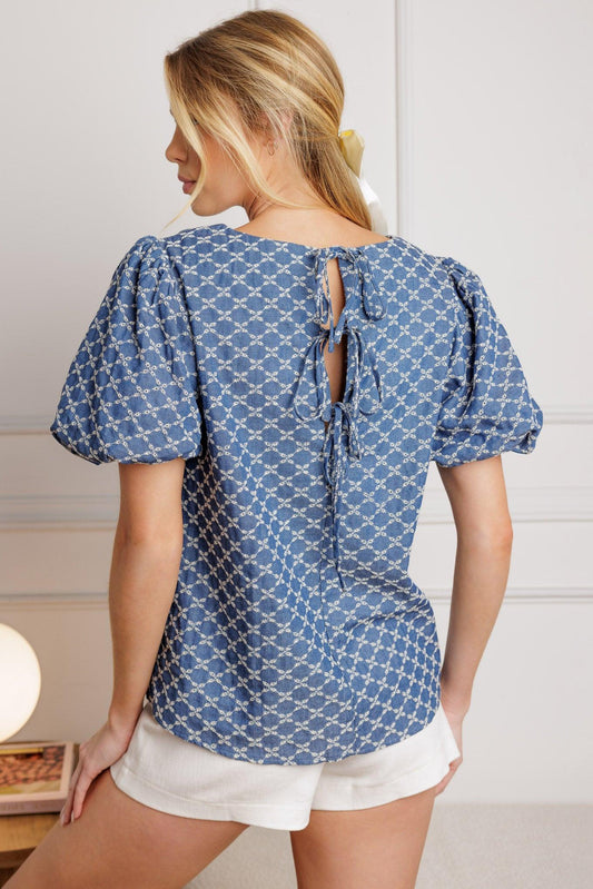 Ripples of Time Woven Top in medium indigo, view 3 — Soul Flow Apparel