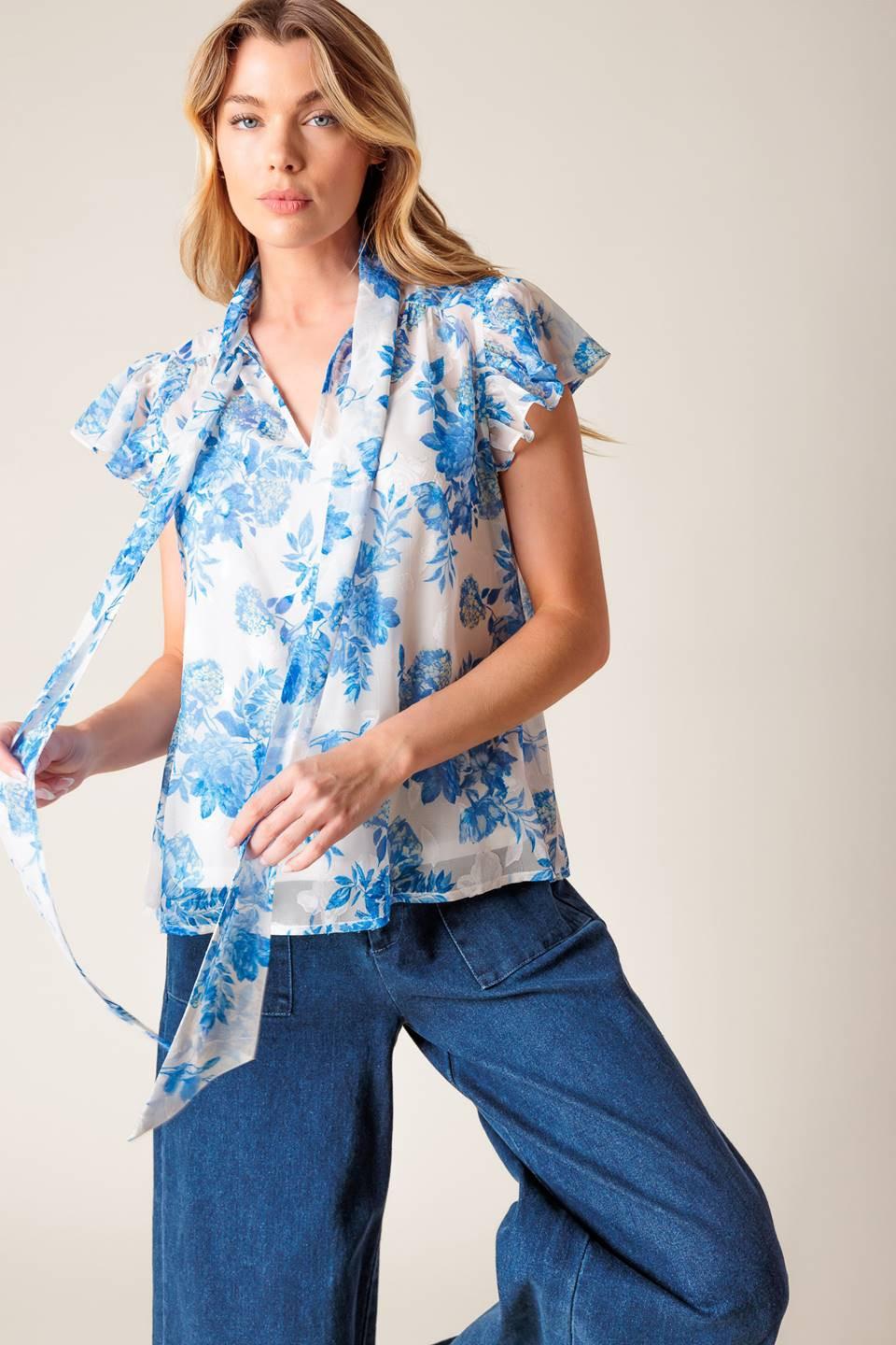 Beauty Icon Woven Top in ivory blue, view 6 — Soul Flow Apparel