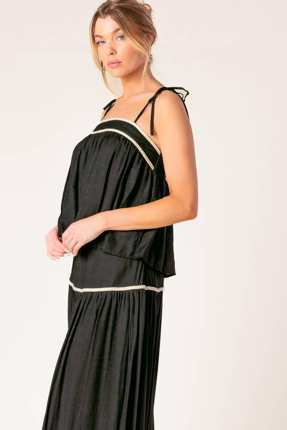 Divide and Contour Woven Top and Skirt Set in black cream, view 3 — Soul Flow Apparel