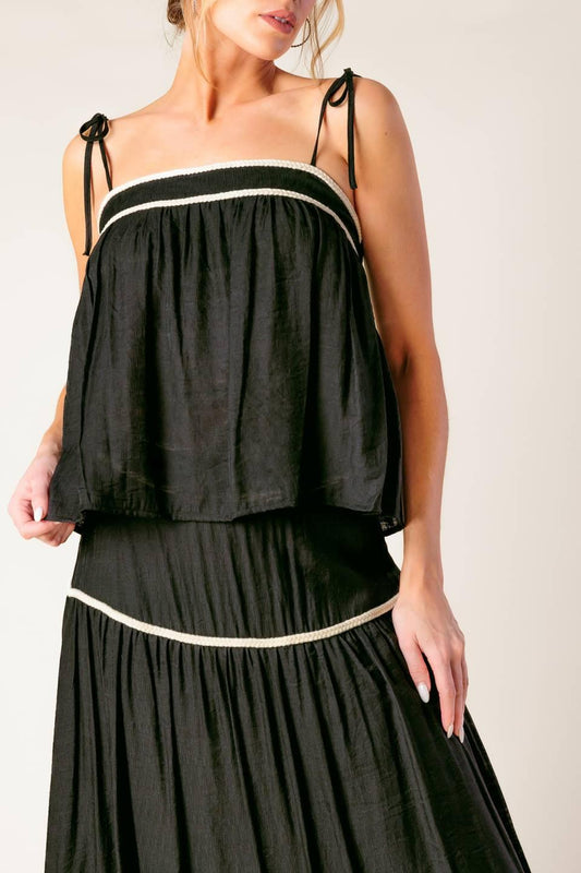 Divide and Contour Woven Top and Skirt Set in black cream, view 4 — Soul Flow Apparel